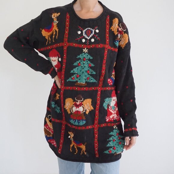 Vintage Valerie Stevens Christmas Sweater Patchwork Tree Reindeer Angel Knit M - Picture 1 of 11